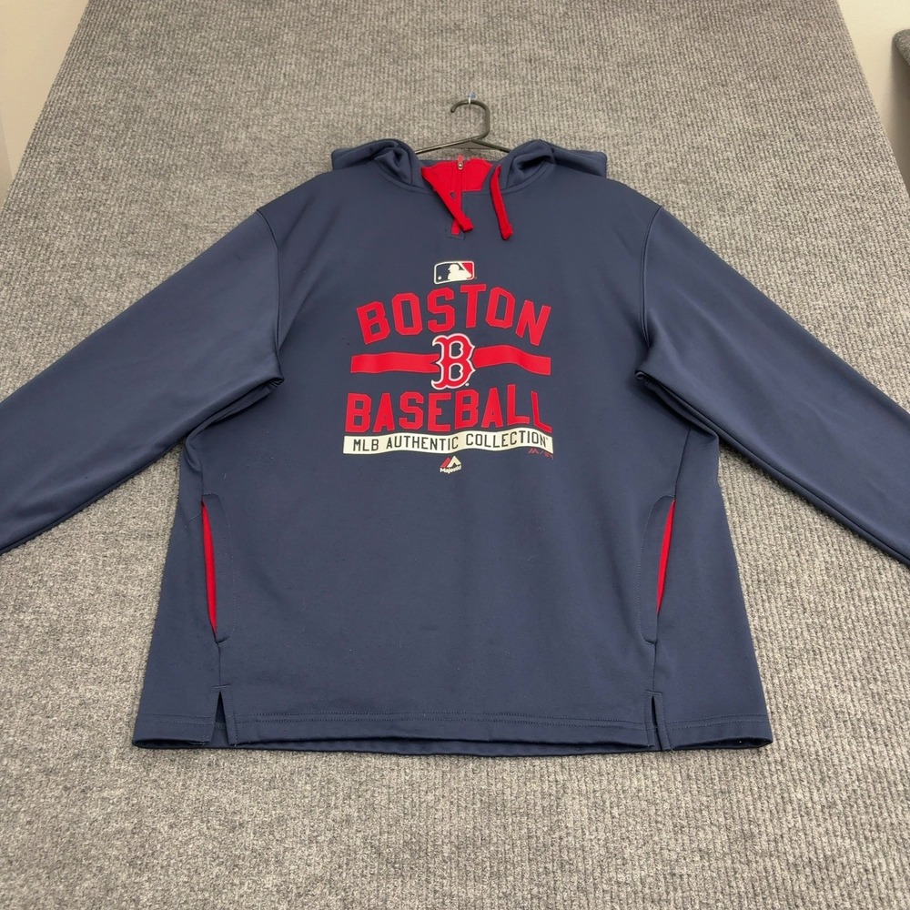 Boston Red Sox Majestic Hoodie L Navy Blue Polyester Pullover Sportswear Style